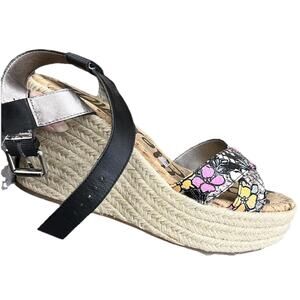 Sam Edelman Floral Strappy Wedge Sandal Buckle Closure Womens Black Casual